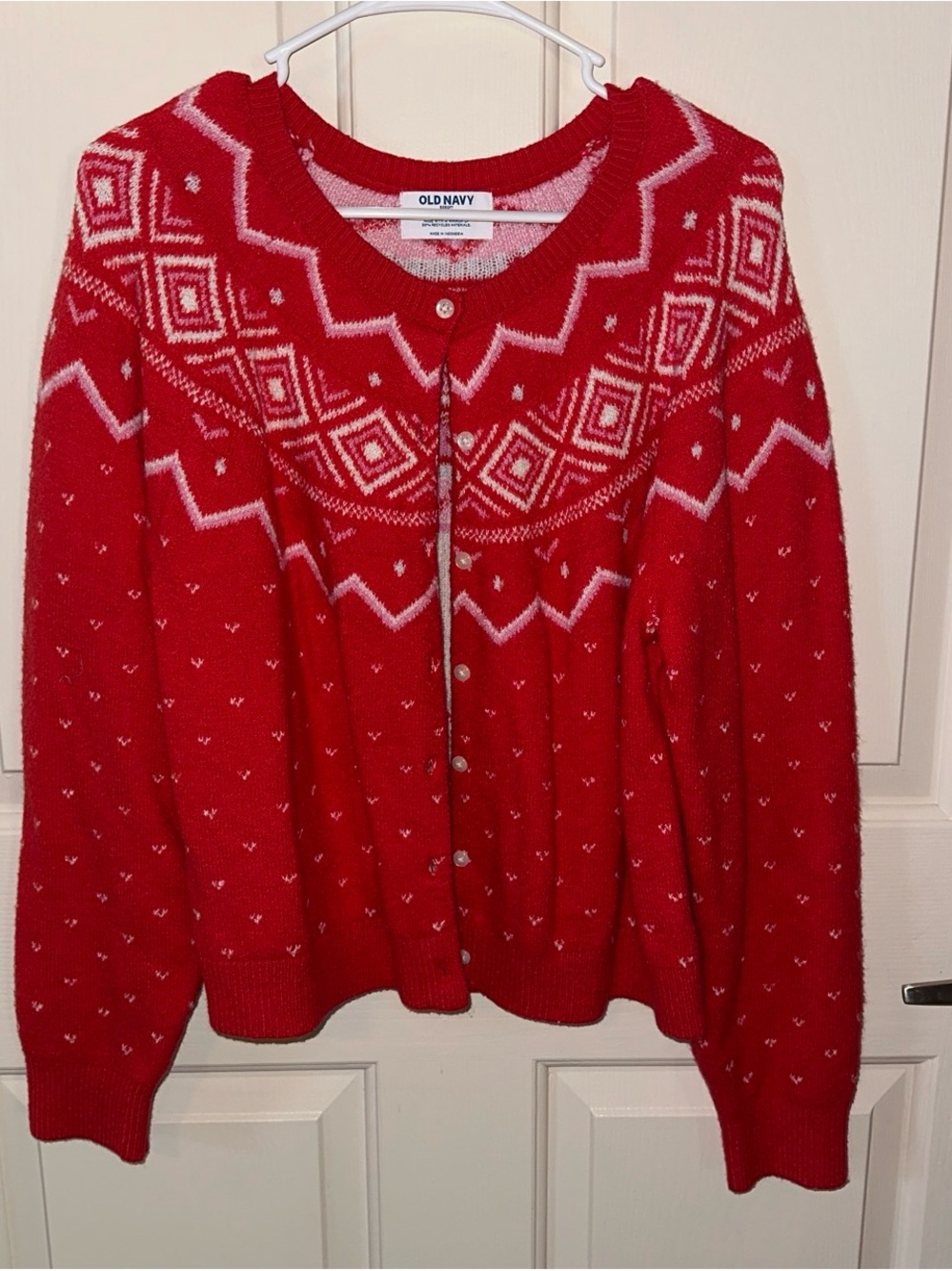 Old Navy Red and White Fair Isle Button-Front Cardigan